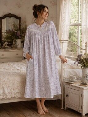 EILEEN WEST Nightgown Womens XL White Purple Floral Cotton Cottagecore Nap Dress